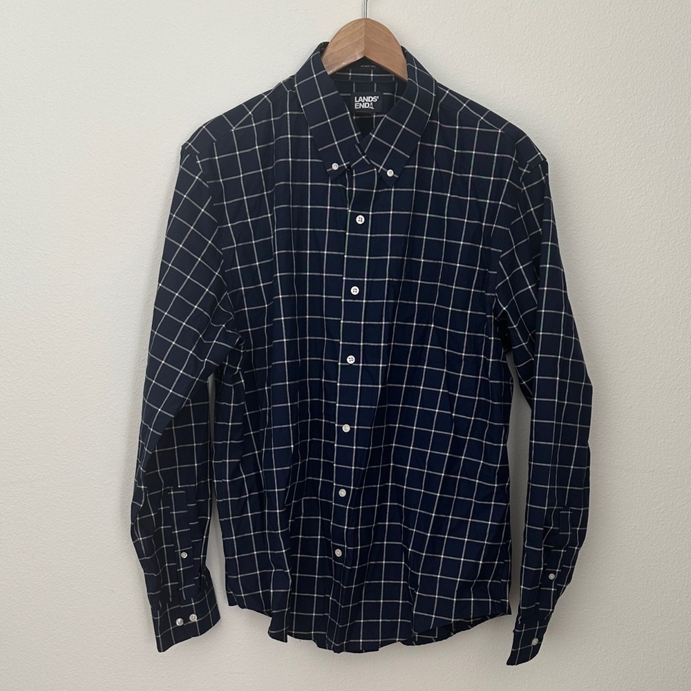 Lands' End Men's 100% cotton No Iron Twill Blue Plaid collared dress Shirt XL